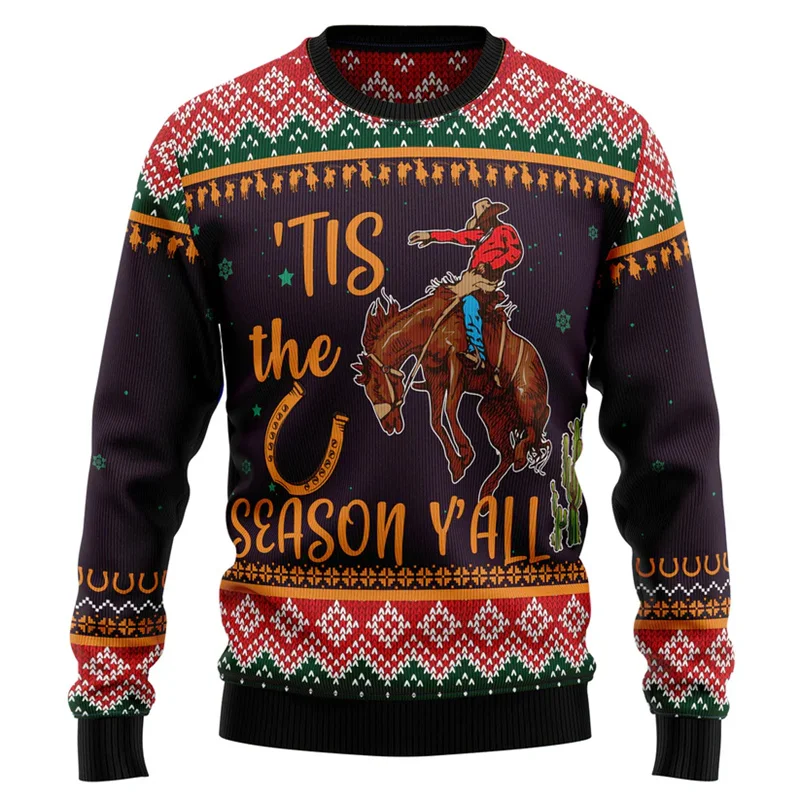 Cowboy Horse Ugly Christmas Sweater Men American Western 3d Printed Pullovers Long Sleeve Xmas Sweatshirts Tops Crewneck Hoodie