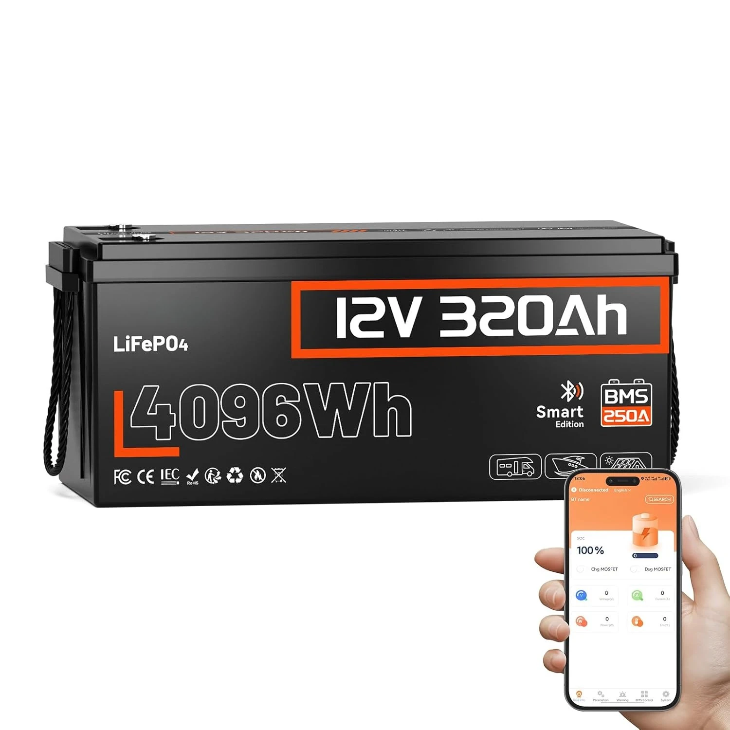 

12V 320Ah LiFePO4 Lithium Battery with Bluetooth, 250A BMS,15000+Cycles 300Ah(320Ah) LiFePO4 Battery, IP65 & Low, Customized