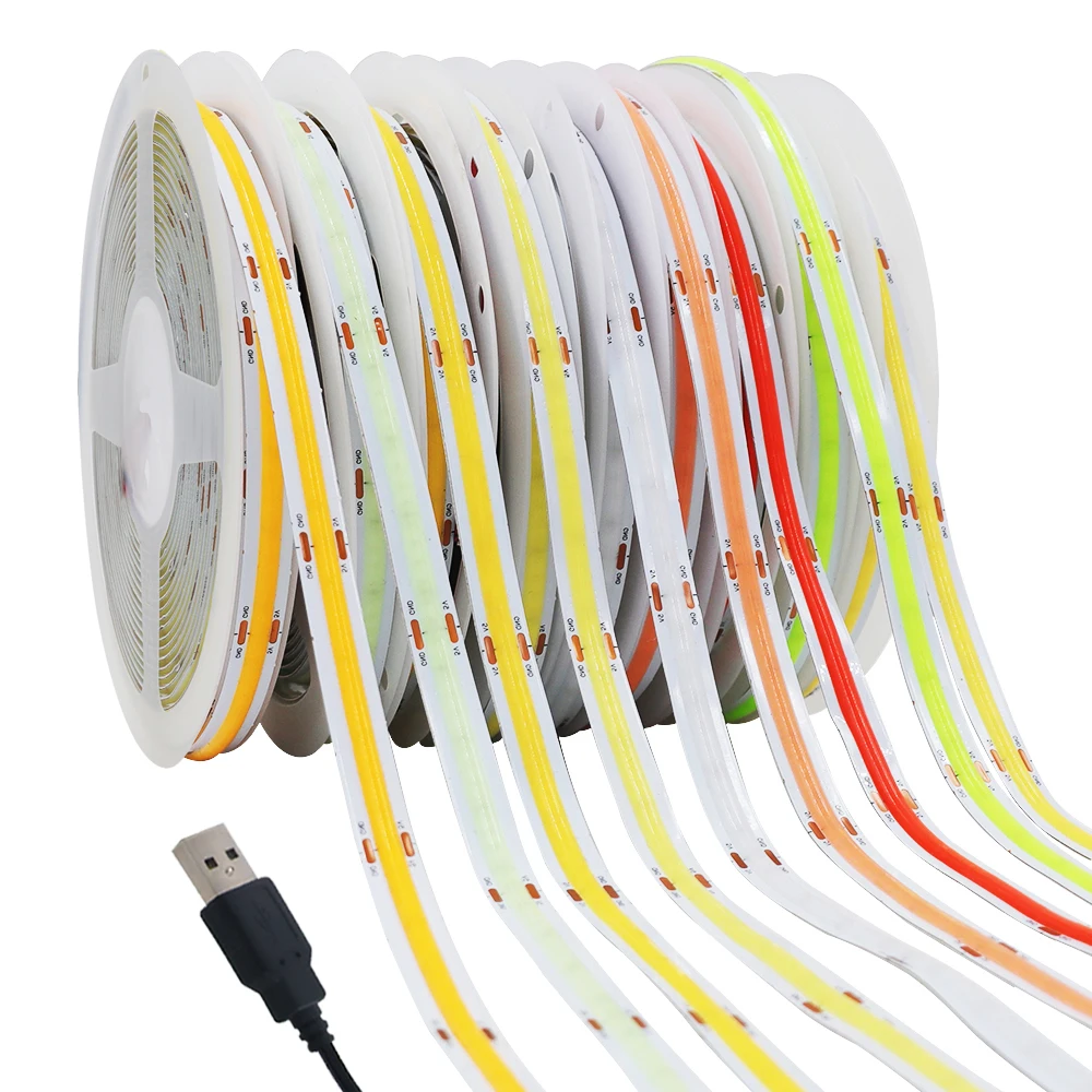 5V USB COB LED Strip 8MM 320Leds/M High Density RA90 Flexible Ribbon Rope Night Lamp White/Red/Pink/Yellow LED Tape TV Backlight