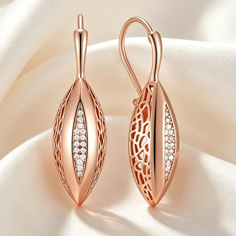 Kinel Hot Geometrische Rhombus-Ohrringe mit natürlichem Zirkon für Damen, 585er Roségold, für den Alltag, feiner, eleganter Damenschmuck