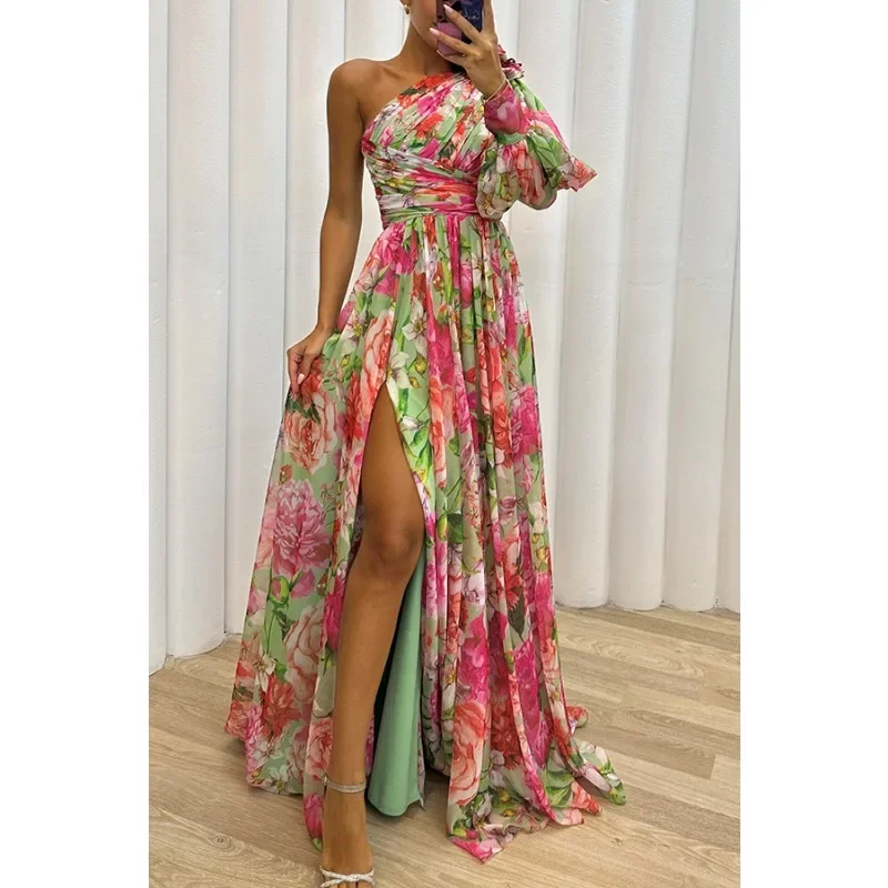 Vestido informal con abertura y estampado atado en la cintura de manga larga de otoño para mujer con cuello inclinado y hombros descubiertos vestido de moda para fiesta navideña