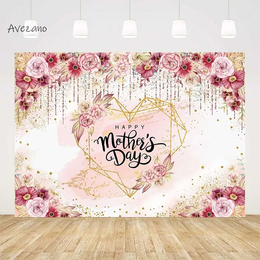 

Avezano Happy Mother Day Backdrops for Photography Pink Flower Golden Glitter Mom Party Banner Decor Background Photo Studio