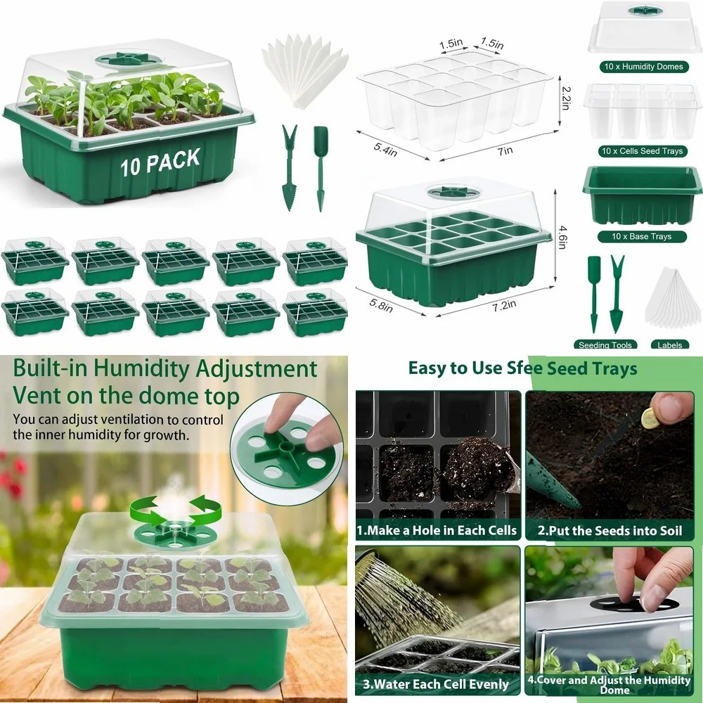10 Pack Seed Starter Tray with Ventilation Hole 12Grids Seeds Growing Cultivation Planting Box Mini Greenhouse Plant Starter Kit