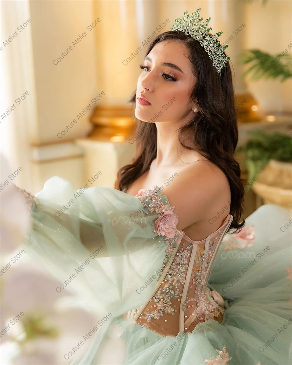 Baby Green Lace Appliques Quinceanera Dresses Sweetheart Ball Gown Sweet 16 Dress Wedding Gowns Tulle vestidos de 15 Customized