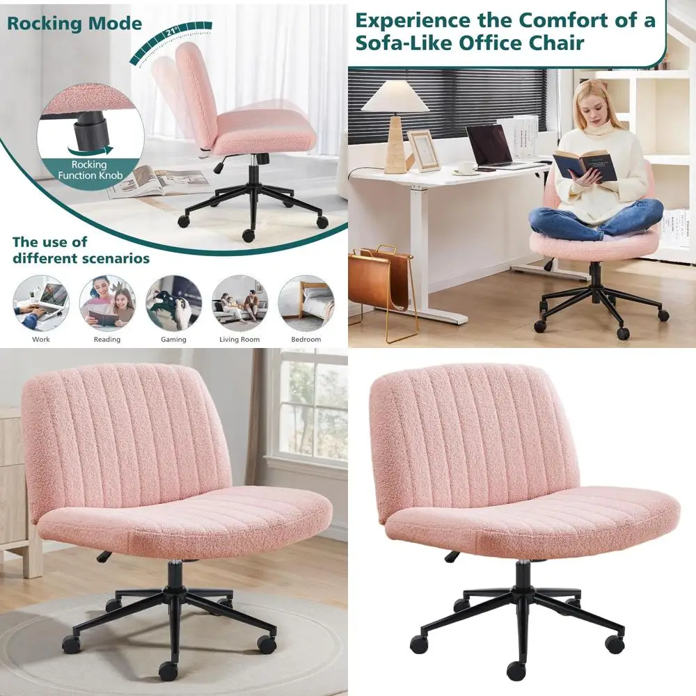 

Adjustable Swivel Desk Chair with Wheels, Wide Cross-Legged, Comfortable Fabric, Armless, for Home Office, Teddy Pink