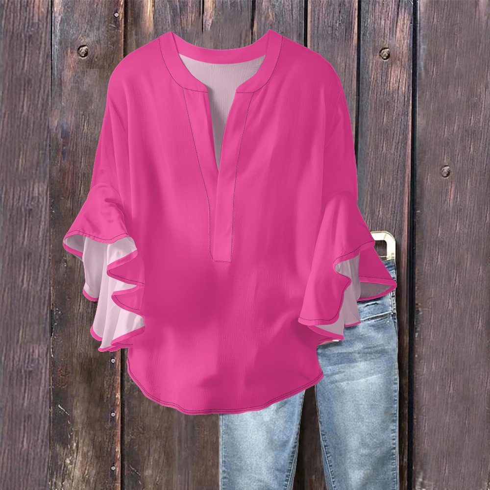 ​ بلوزة نسائية ذات لون نقي، قميص كريب فقاعي باللونين الأزرق الداكن والأبيض مع رقبة على شكل حرف V وأكمام منتفخة مكشكشة، بلوزة كاجوال عصرية أنيقة