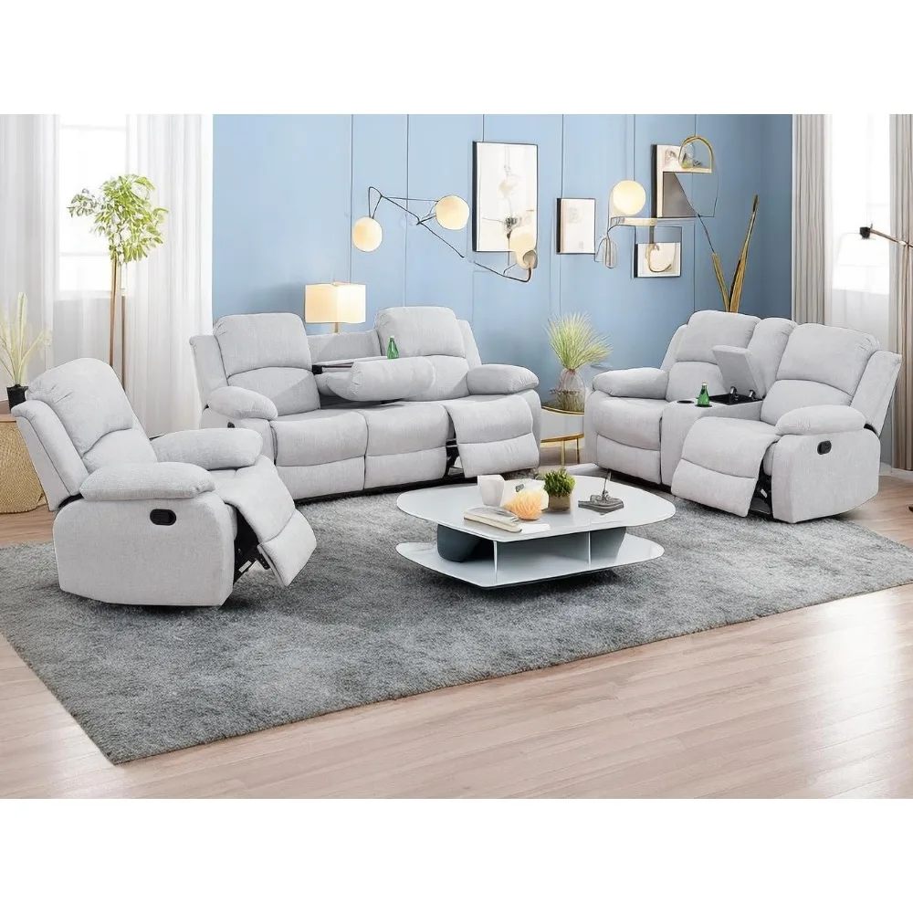 

Sofa Set 3PCS Fabric Recliner Sofa Set Loveseat Couch Chair Set with Cup Holders Storage Console Living Room Furniture Sets