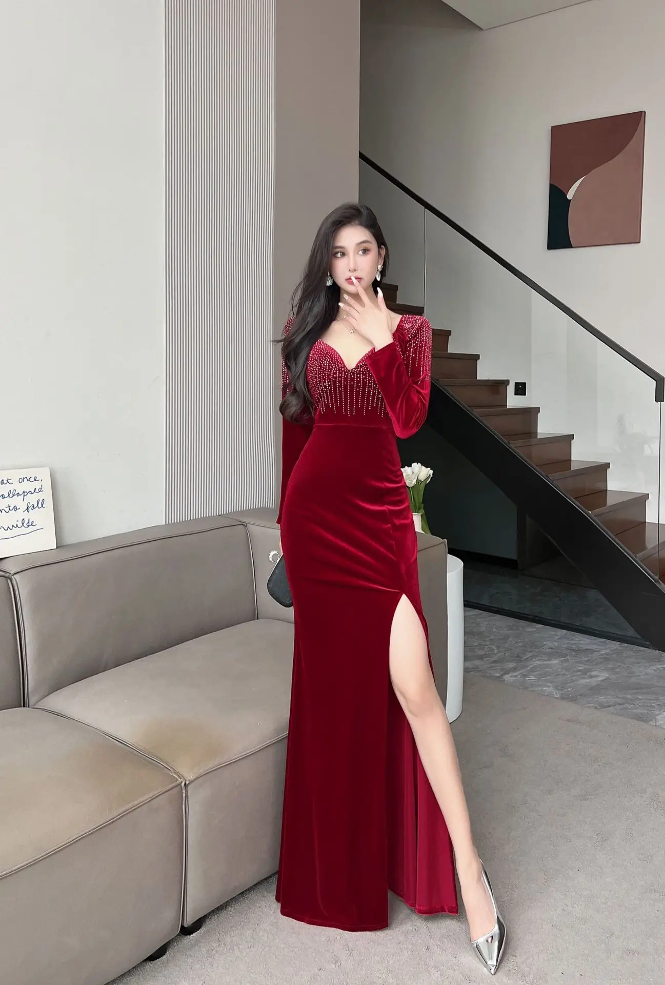 Sexy Banquet Style Long Sleeve V Neck Fishtail High end Golden Velvet Dress Luxury Annual Meeting Party Maxi Evening Dress