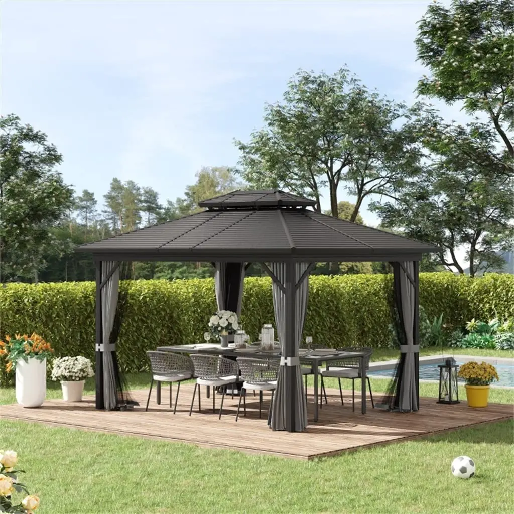 Aluminum Frame Custom Size Pavilion Double Roof Garden Outdoor Waterproof Hardtop Gazebo With Curtains