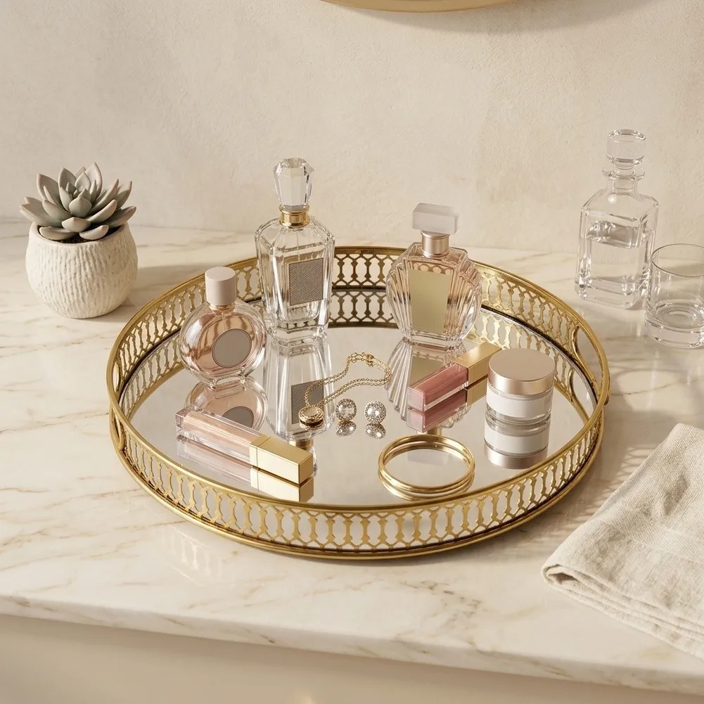 Elegant Gold Mirrored For Vanity Tray for Makeup Jewelry and Perfume Organization on Dresser or Bathroom Counter