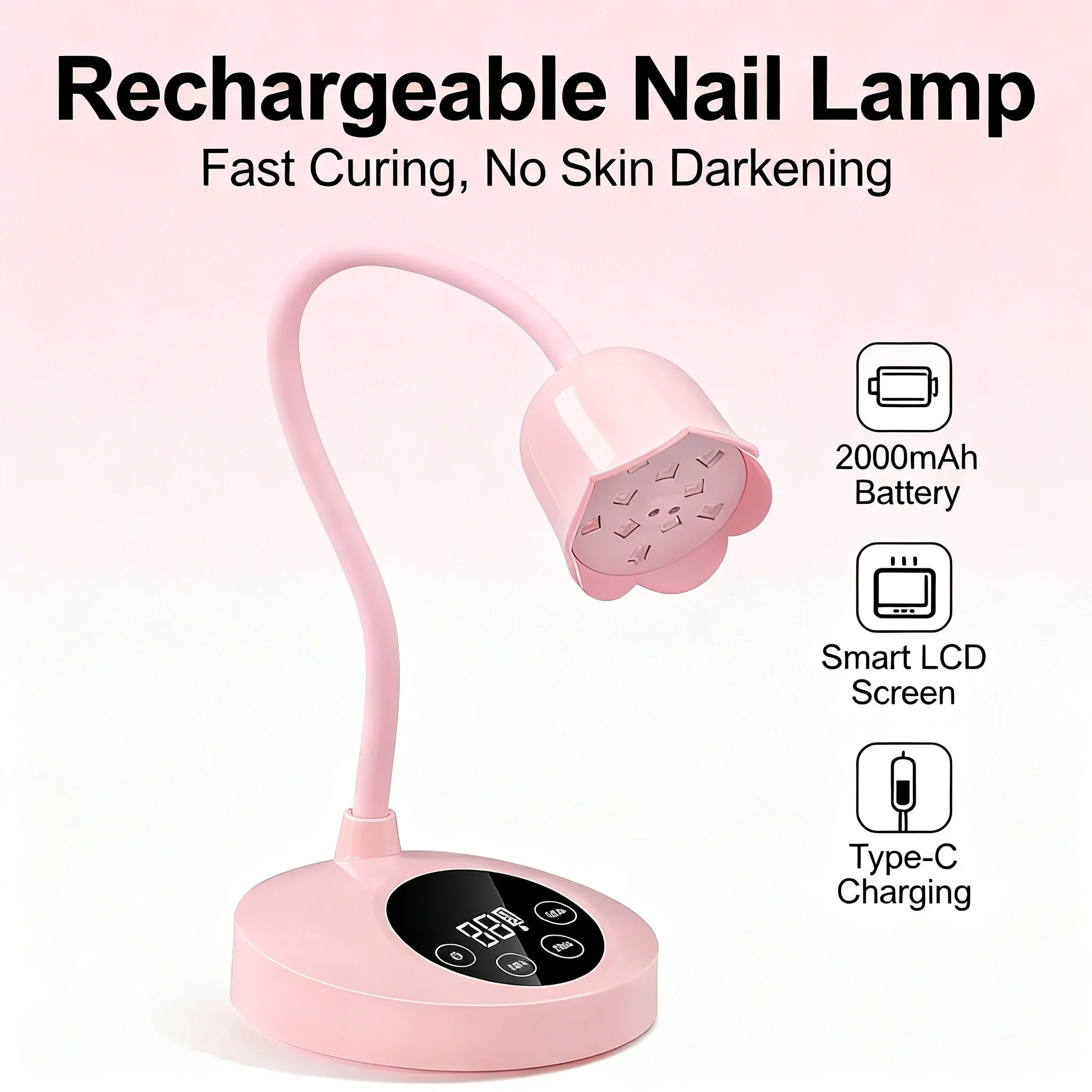 Lámpara LED Recargable de Cuello de Cisne para Uñas, Luz UV Inalámbrica de 2000mAh para Curado de Gel, Pantalla LCD, Sin Oscurecimiento de la Piel, Secado Rápido de Uñas
