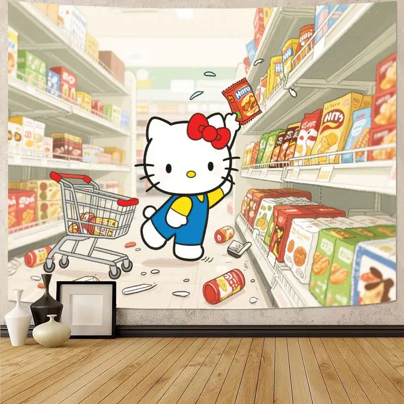 

1 шт. Sanrio Hello Kitty озорный гобелен для супермаркета, кавайные полиэстеровые настенные рисунки для спальни, общежития, гостиной, декора и подарок