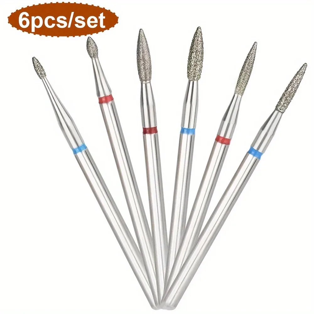 Kit-6 Professional Flame Shape Russian Mills Nail Drill Bits Set, Cuticle Clean Burr, Electric Manicure Drills, Unscented Nail