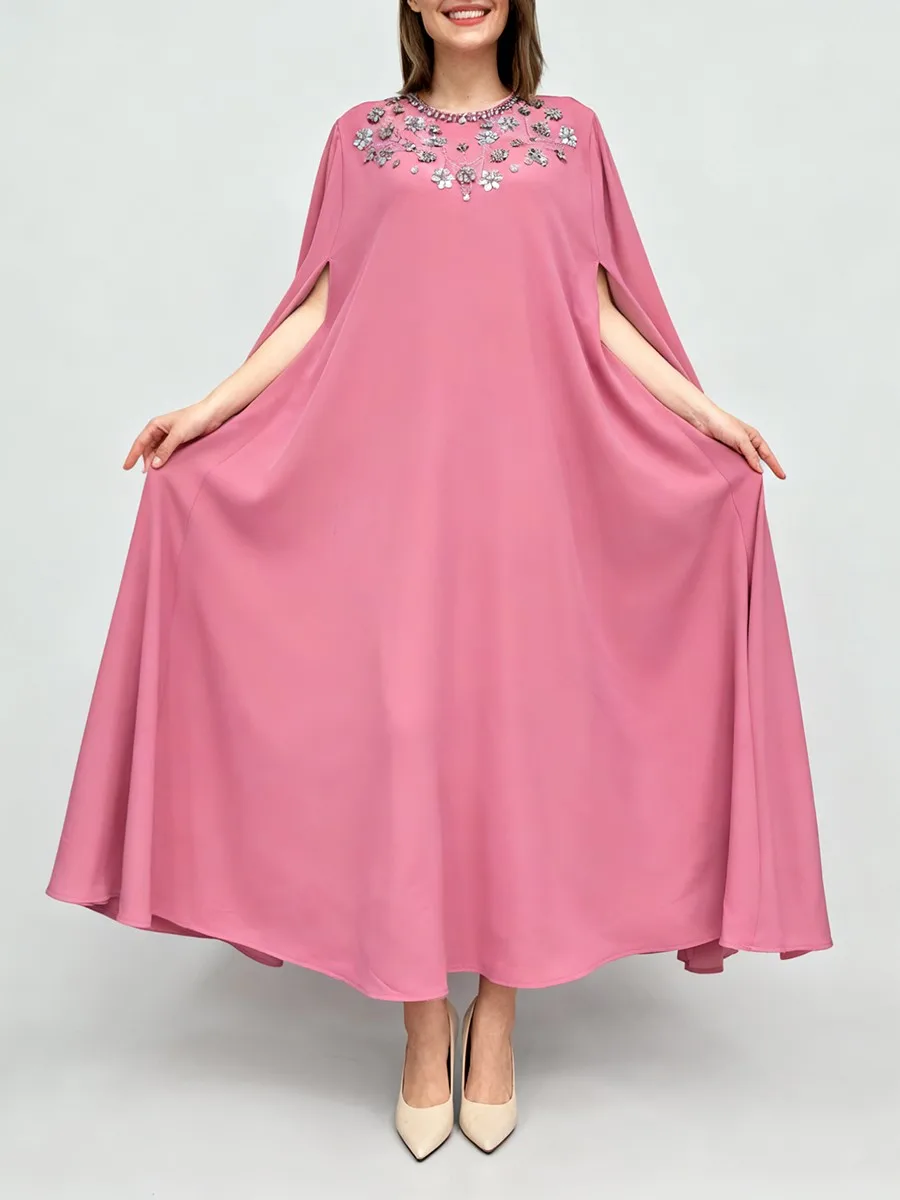 TWOTWINSTYLE Solid Loose Spliced Bead Temperament Long Dresses for Women Round Neck Sleeveless Elegant Dress Female Clothing New