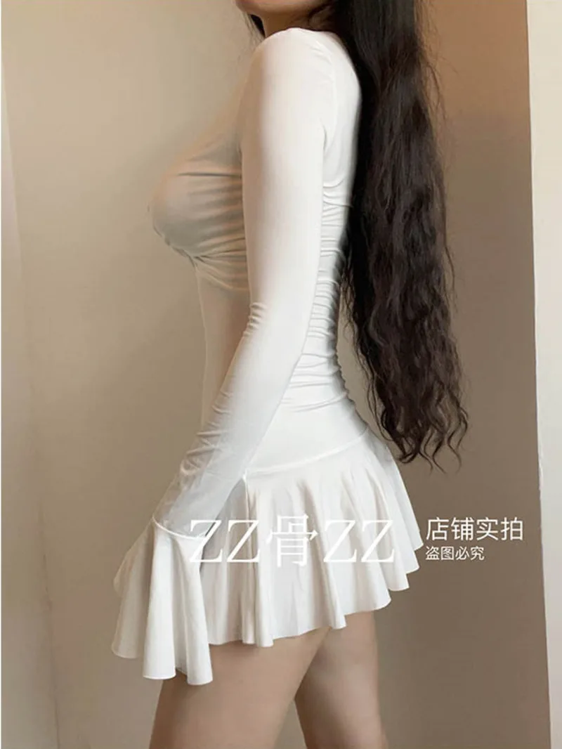 女性のトランペットスリーブVネックミニドレス,エレガントな長袖ドレス,白,セクシー,甘い,新しいスタイル,トップファッション,0x r7,秋,2024