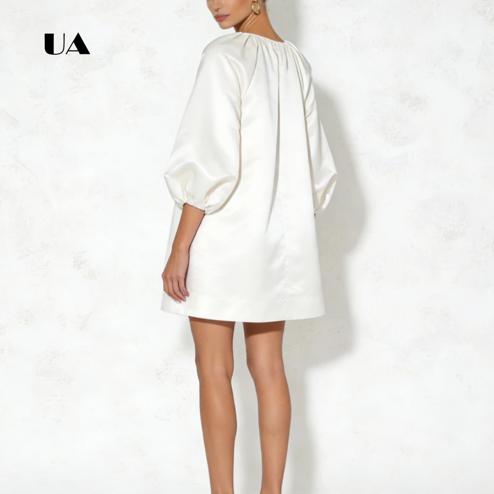 ULBYANRY  Satin Loose Mini Dress with Bubble Sleeves, Solid Gathered Scoop Neck Evening Dress, Simple Customized Party Gown