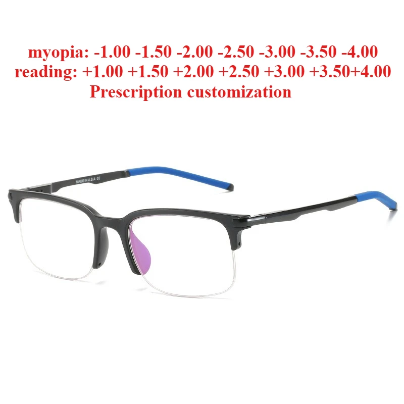 

52mm men's tr half-frame blue light blocking reading glasses - customizable for myopia, astigmatism, and photochromic lenses