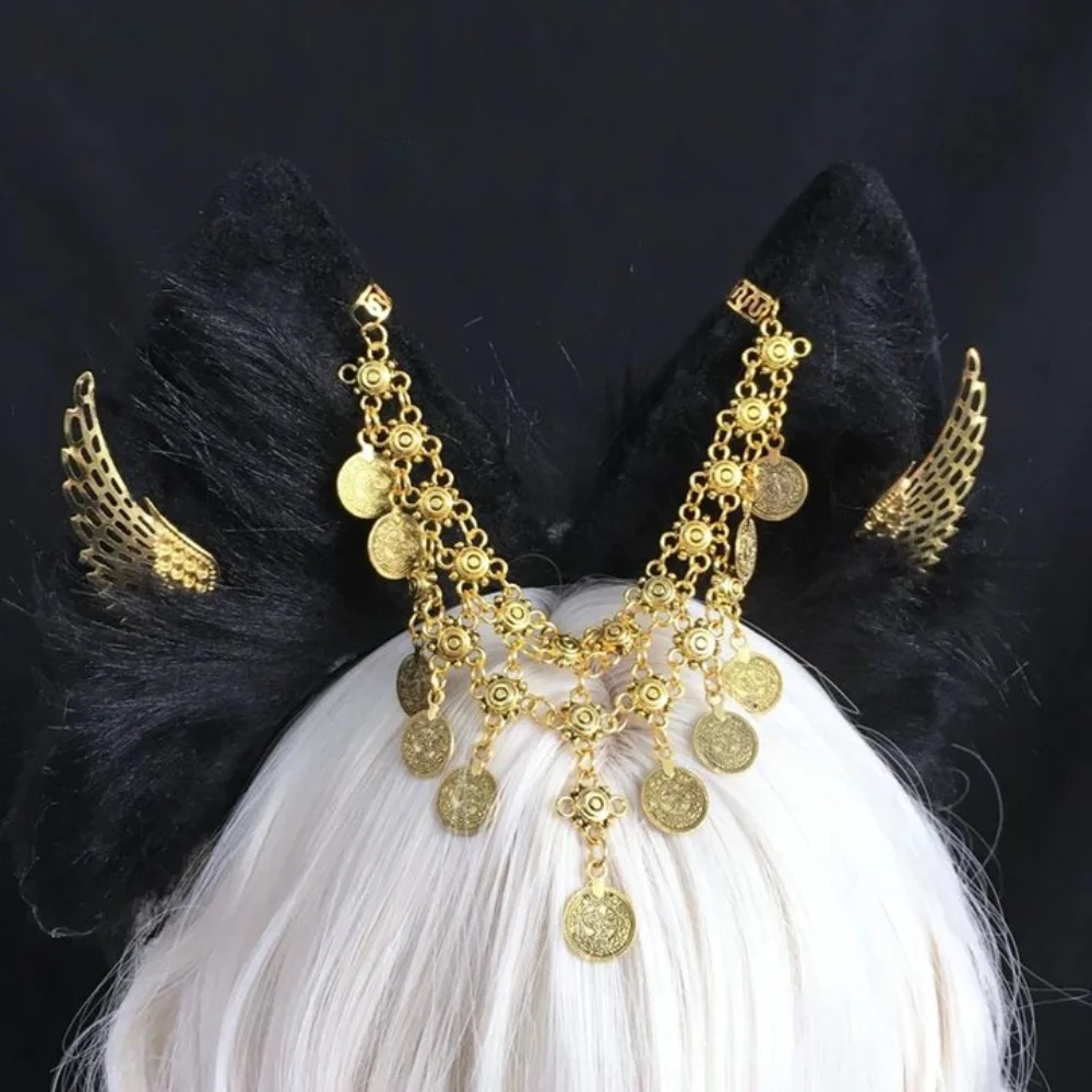 

Golden Wings Cosplay Anubis Headband Plush Alloy Animal Ears Hairband Gothic Tassel Egypt Style Headwear Costumes Props