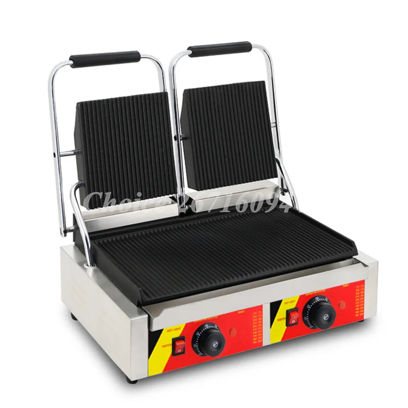 Commercial Stainless Steel Double Layer Panini Machine Stripe Fried Steak Hamburger Sandwich Machine