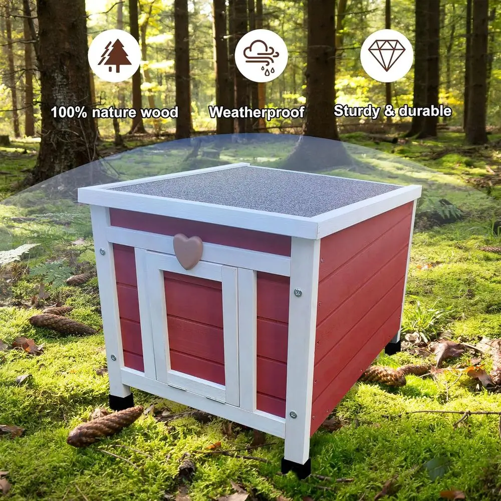 Weatherproof Outdoor Cat Shelter for Feral Cats - Small Wooden Rabbit Hutch in Red