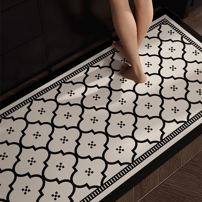 

Kitchen Floor Mat Waterproof Non-slip Wash-free Carpet PVC Leather Strip Rugs American Black and White Home Decoration Foot Mat