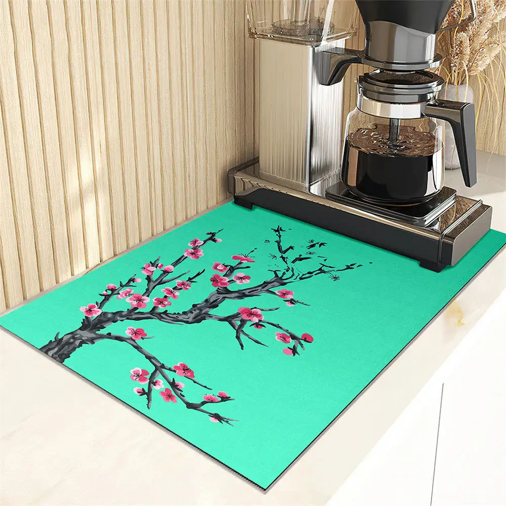 Plum Blossom Print Coffee Machine Drain Mat Cottage Kitchen Countertop Absorbent Mat Dry Non-slip Bar Table Washable Drain Pad