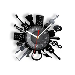 Music Band Instruments Theme Wall Clock Vinyl Record Music Sound Guitar Trumpet Silent Sweep Watch Gramophone Music Record Clock