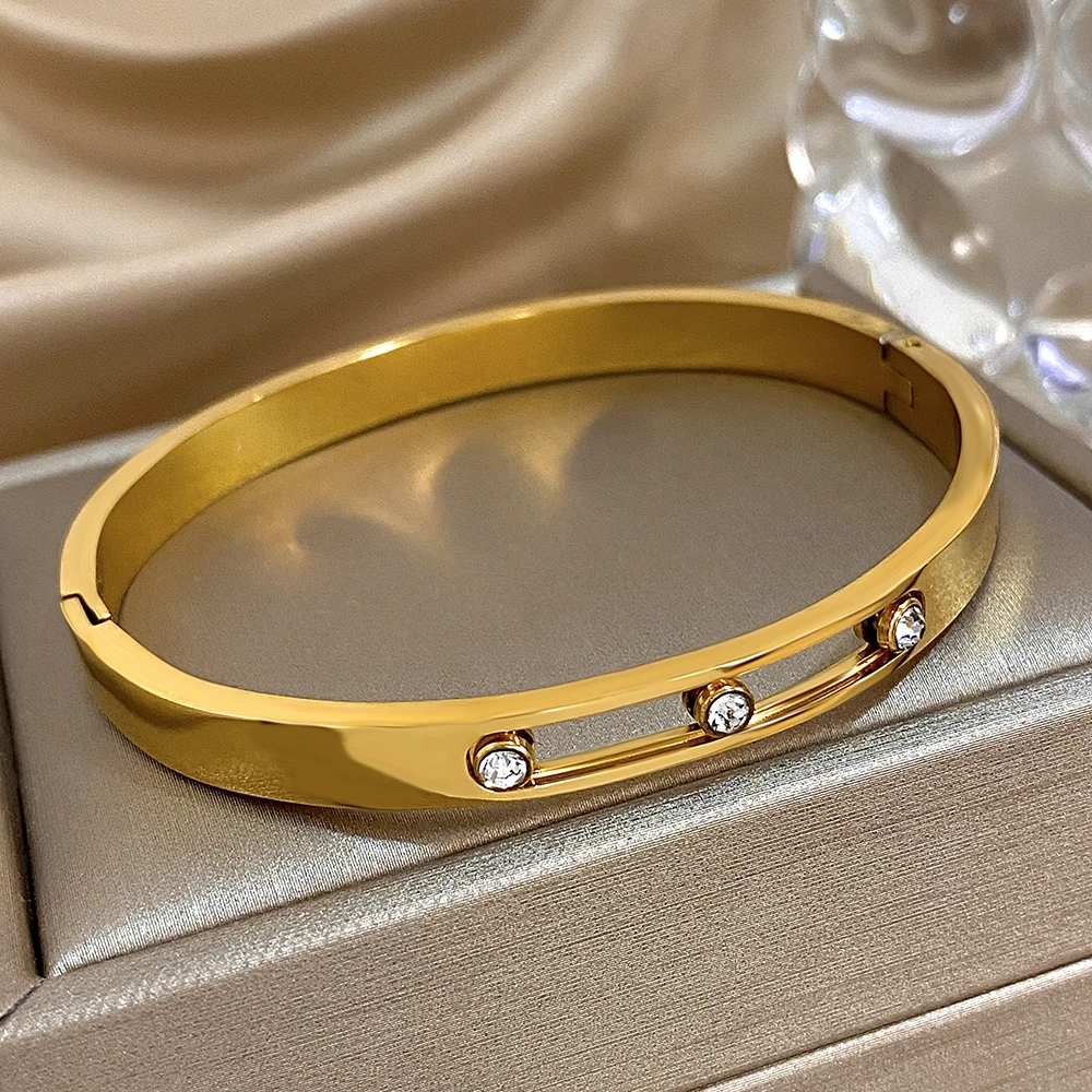 Pulseras abiertas de cristal con incrustaciones huecas chapadas en oro para mujer, brazalete minimalista de acero inoxidable, brazalete fino elegante, joyería