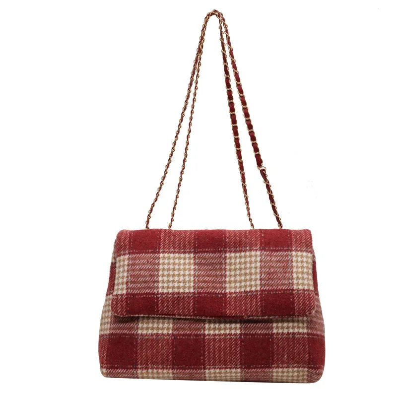 Women Girls Tweed Tote Bags Plaid Leather Strap Bag Large Capacity Fashion Handbag Lightweight Commuting Bag for Winter Travel