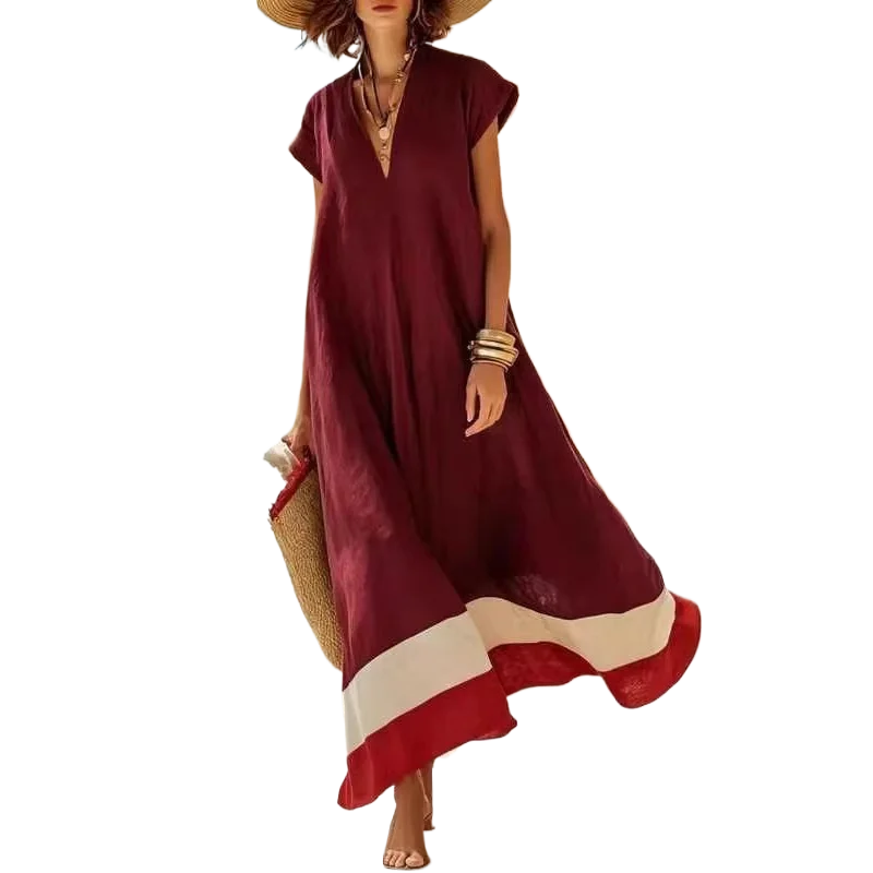 Women Linen Texture Maxi Dress Cap Sleeve Deep V Neck Color Block Striped Hem Loose A Line Flowy Long Dress Beach Vacation Dress