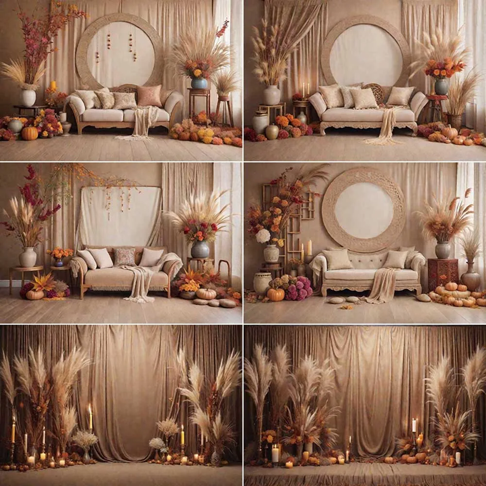 

MOON.QG Boho Candle Thatch Background Photography Autumn Flower Curtain Photozone Backdrop Children Studio Photocall Accessories