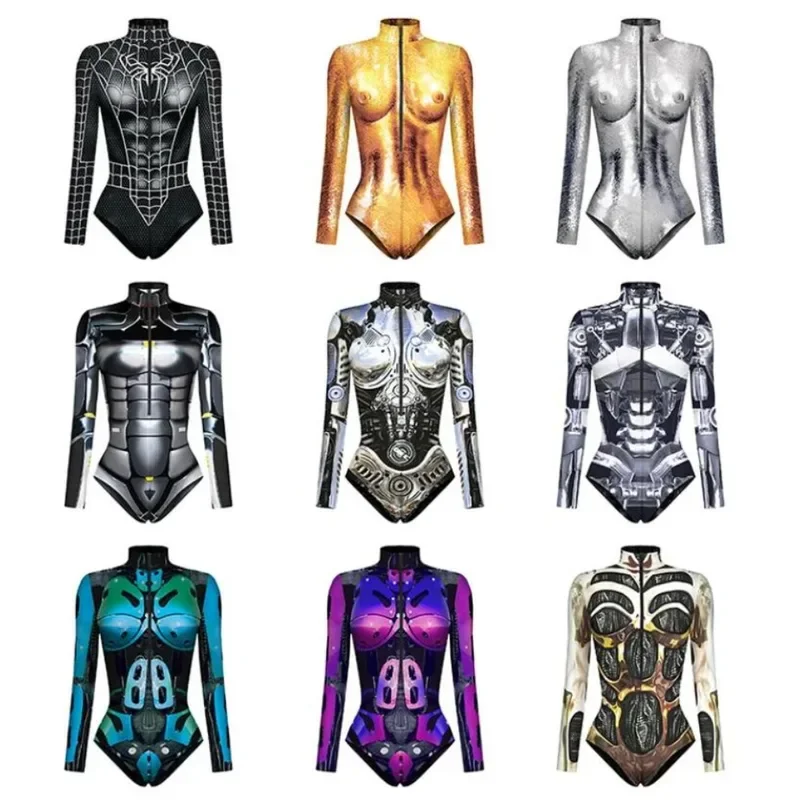 Superhero Jumpsuit Cosplay Costume Robot Armor Zentai 3D Digital Print Women Long Sleeve Zipper Bodysuit Halloween Party Clothes