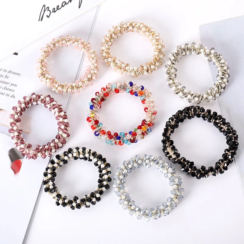 1pc Women Crystal Pearls Hair Ties Handmade Elastic Beaded Ponytail Holders Hair Rope  Hair Accessories For Girl