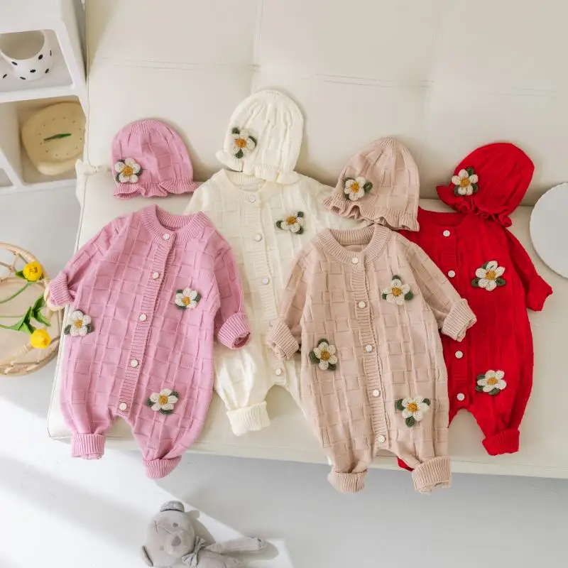 Newborn Infant Toddler Baby Girls Jumpsuit Soft Knit Romper Long Sleeve With a hat Flower Fall Winter Warm Christmas Clothing