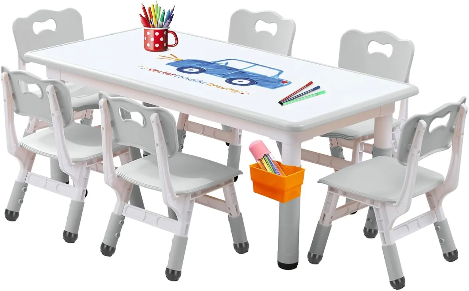 Kids Table and Chair Set, Snow Grey, Upgraded  Adjustable Height, Whiteboard Style, Includes 12 Color