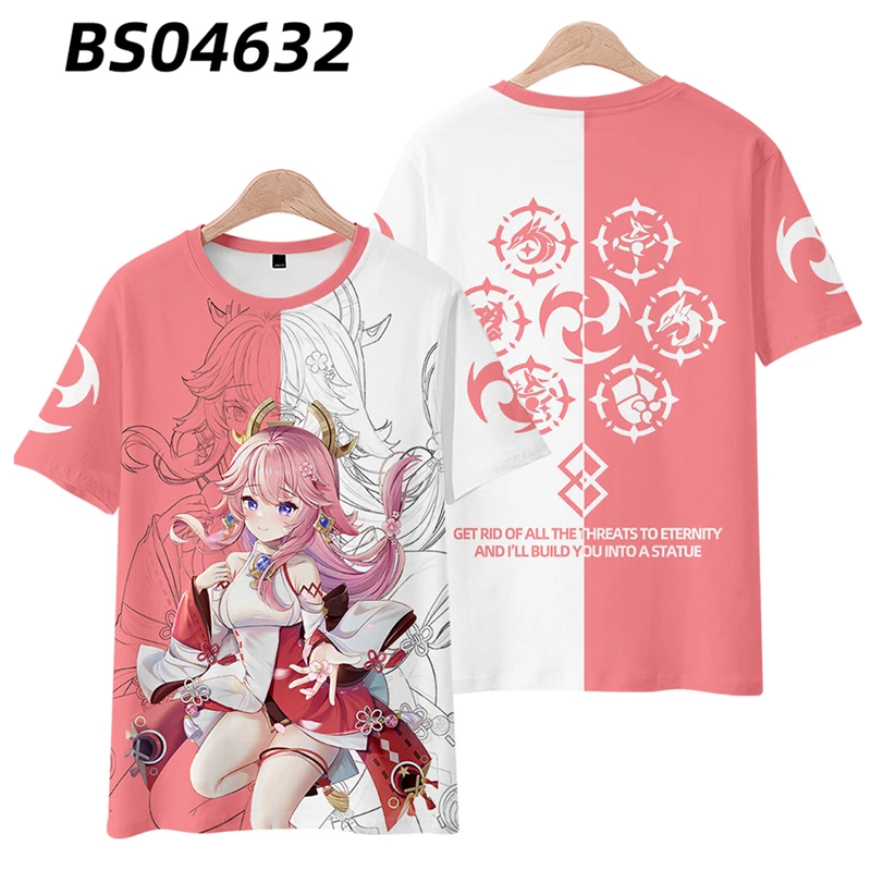 Kaus gambar 3D Genshin Impact YAE MIKO untuk pria wanita t-shirt lucu lengan pendek mode musim panas kaus Cosplay grafis