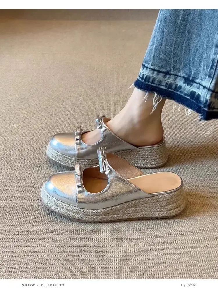 Damen Schleifen-Sandalen mit geschlossener Zehenpartie, Plateau-Espadrille-Keilabsatz, Slipper für den Sommer – Detail 11