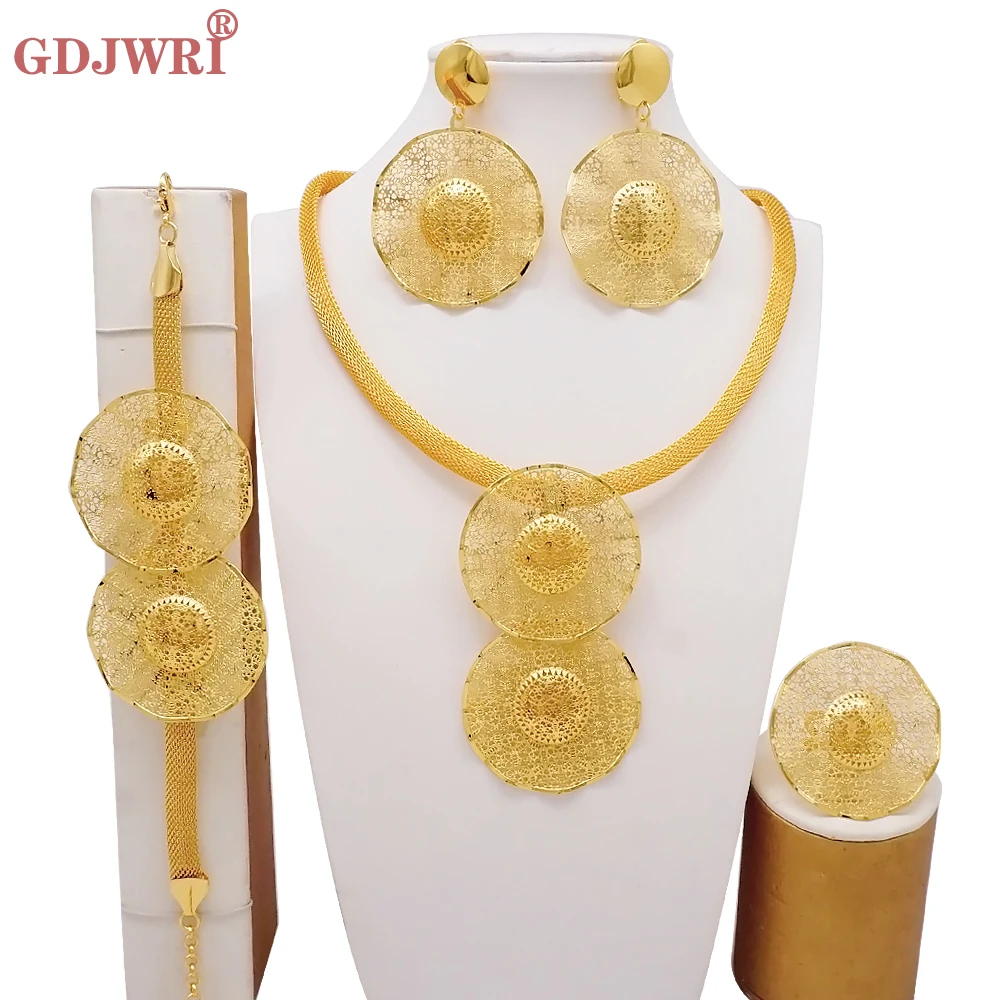 

Trendy African Jewelry Sets For Women Round Hollow Out Necklace Earrings Set Ethiopian Dubai Gold Color Party Bridal Jewelry