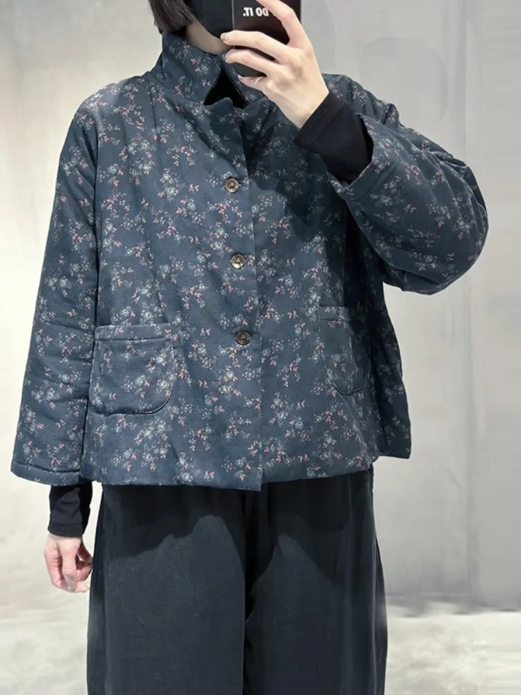 

Artistic Floral Print Thiened Cotton Jaet Women's Winter Coat Stand Collar Long Sve Casual Sli Commute Sle