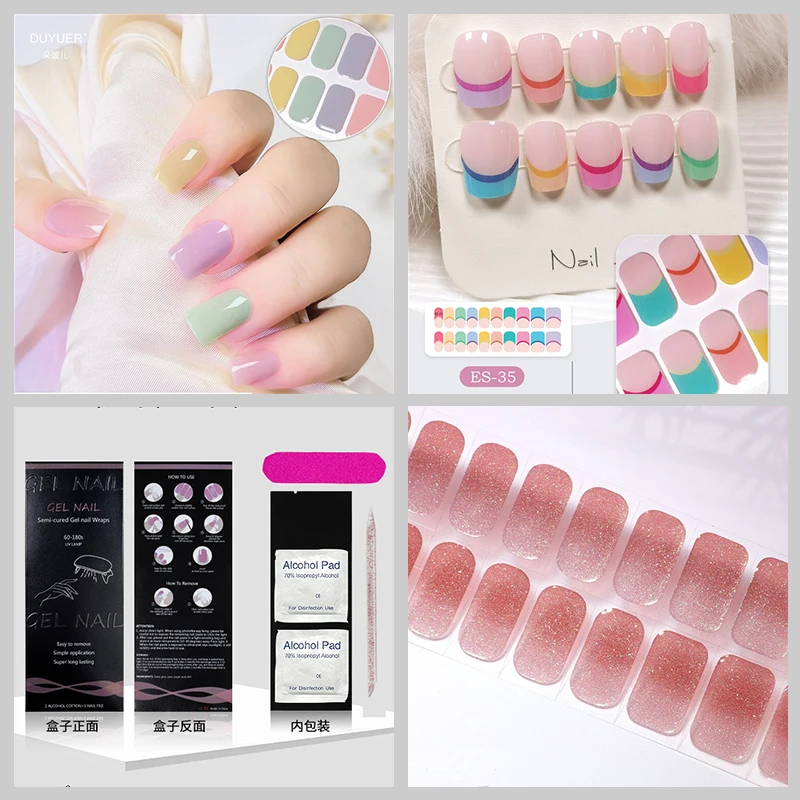 French Semi-Cured Nail Wraps Flash Solid Adhesive Waterproof Long Lasting Gel Nail Oil Film Stickers for UV Lamp Need Manicure