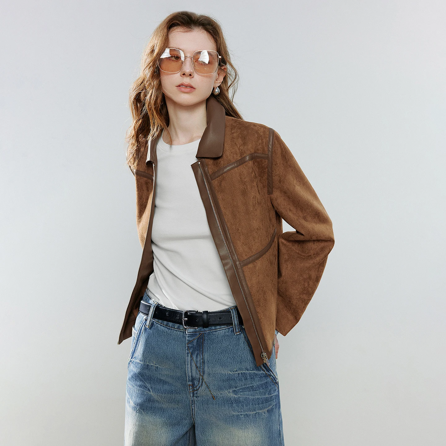 Women's Coffee Suede Jacket - Patchwork Shimmer Coat