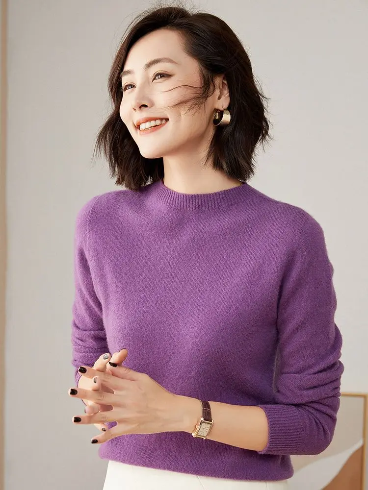 Addonee Autumn Winter Women O-Neck Sweater 100% Merino Wool Basic Bottoming Shirt Cashmere Knitted Pullover Female Clothing Tops
