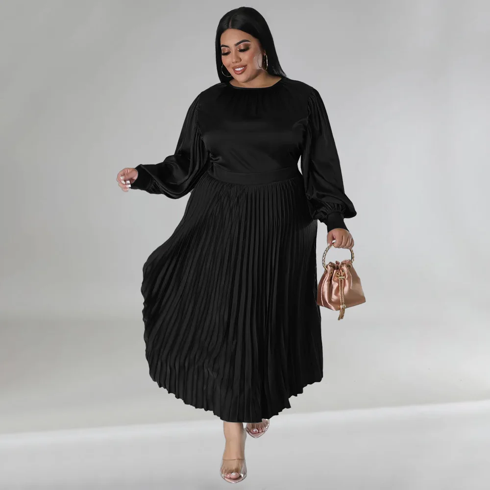 Plus Size Elegant Dress Women Fashion Solid Pleated Prom Female Luxury Long Robe 2024 Fall Design Large Size Wide Party Dress