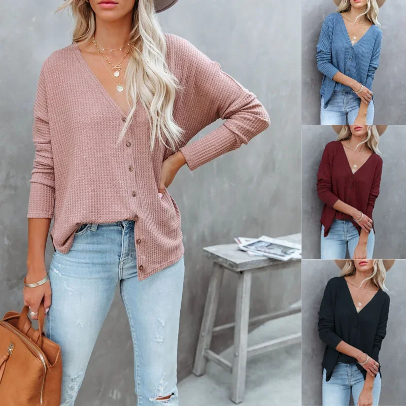 

2023 European and American Fall Winter Fashion New Waffle Solid Color V-neck Long Sleeve Shirt Cardigan Casual Elegant Women Top