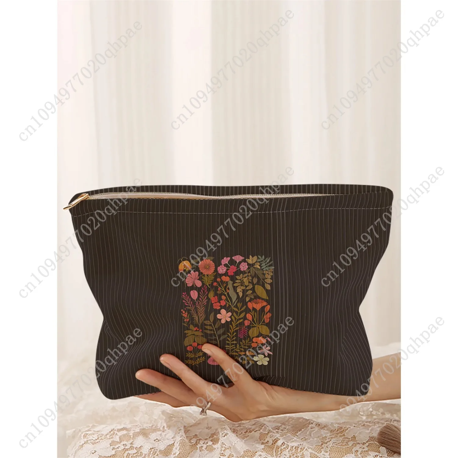 1 floral corduroy makeup bag, lightweight zipper makeup storage box, multifunctional bag with lining