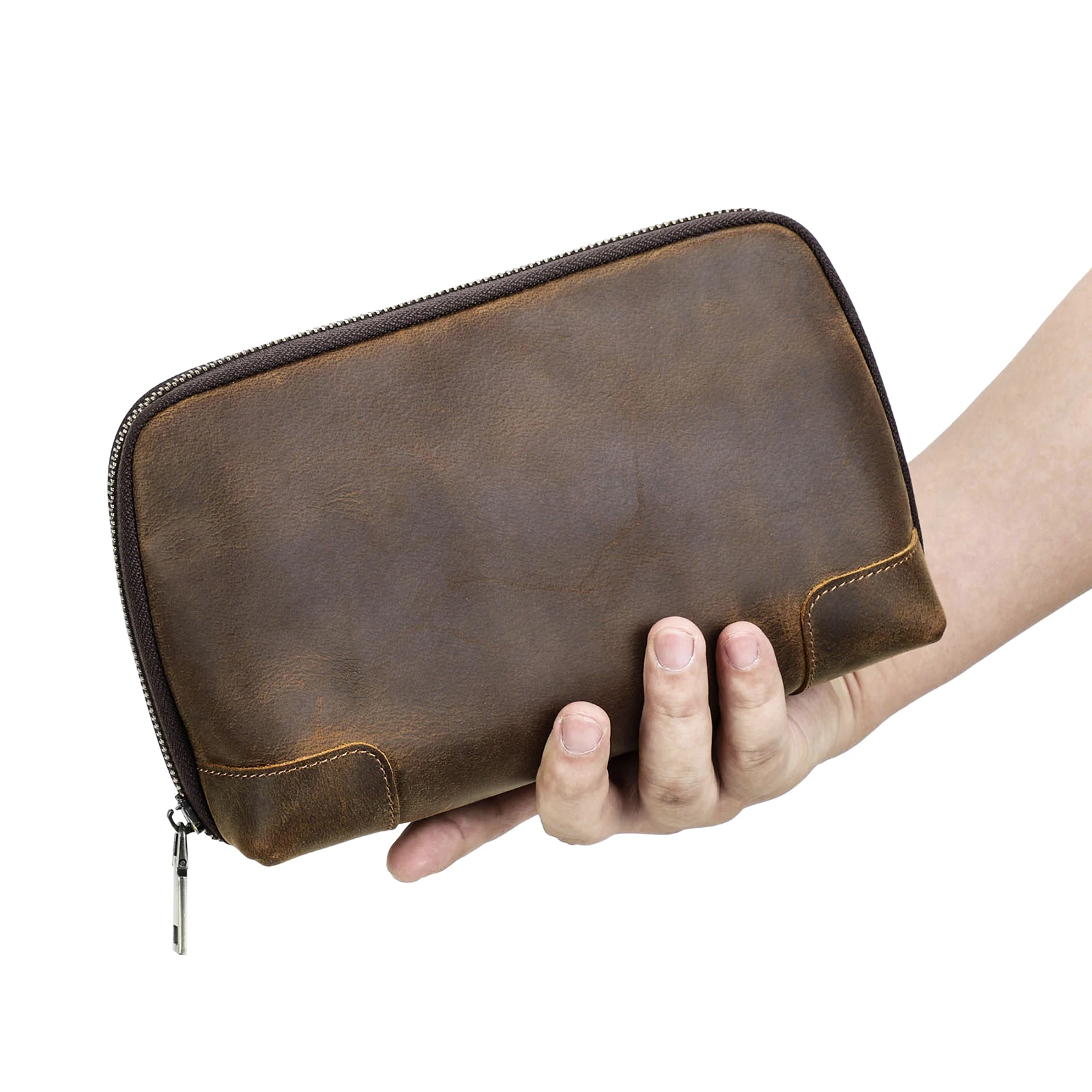 Cowhide Leather Men Clutch Bag Luxury Handbag Wristlet Male Purse USB Data Cable Storage Travel Electronic Accessories Organizer