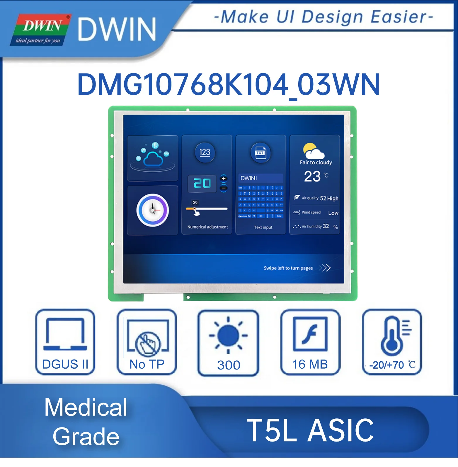 Imagem -03 - Dwin 10.4-inch 1024*768 Smart Tft Lcd Uart Grau Médico Hmi Suporte de Exibição Rs232 e Rs485 Comunicação Dmg10768k104_03w