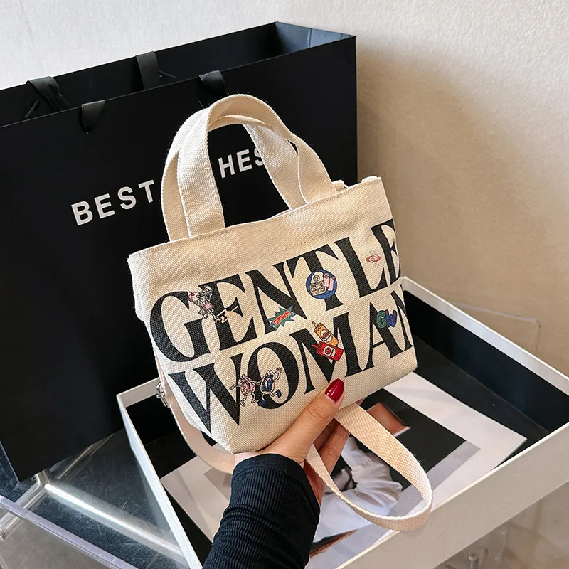 Large Capacity 2024 New Versatile One Shoulder Shopping Bag Canvas Commuter Tote Letter Bag Gentle Woman