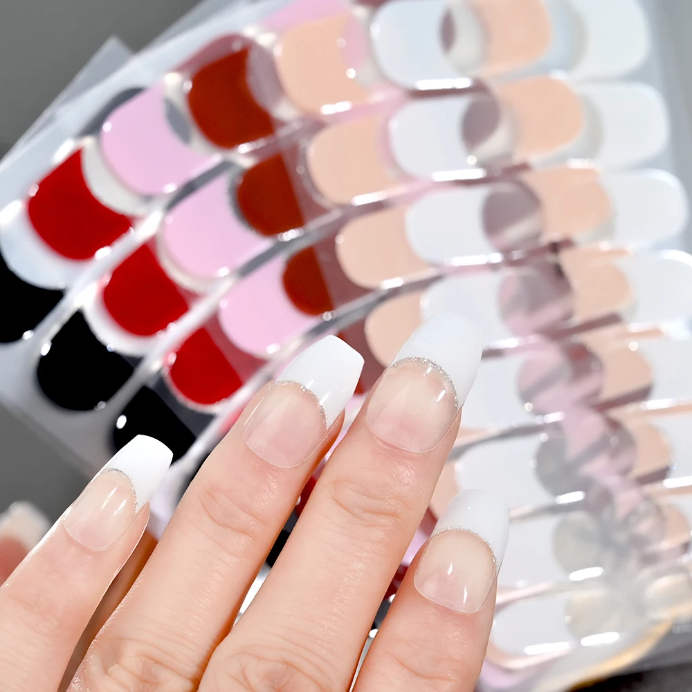 16Tips French UV Semi-Cured Nail Art Stickers 6colors Full Cover Gel Nail Decal LongLasting For UV Lamp Adhesive Manicure Patch