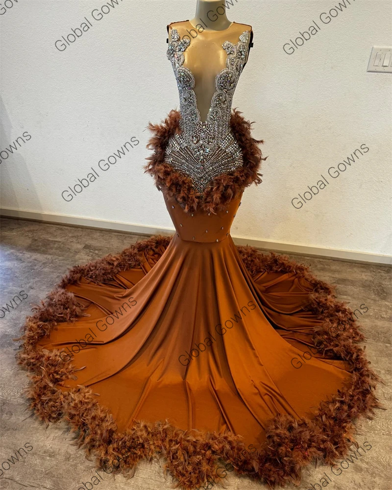 Brown O Neck Long Prom Dress For Black Girls 2024 Beaded Crystal Rhinestone Birthday Party Dresses Feathers Sequin Evening Gowns